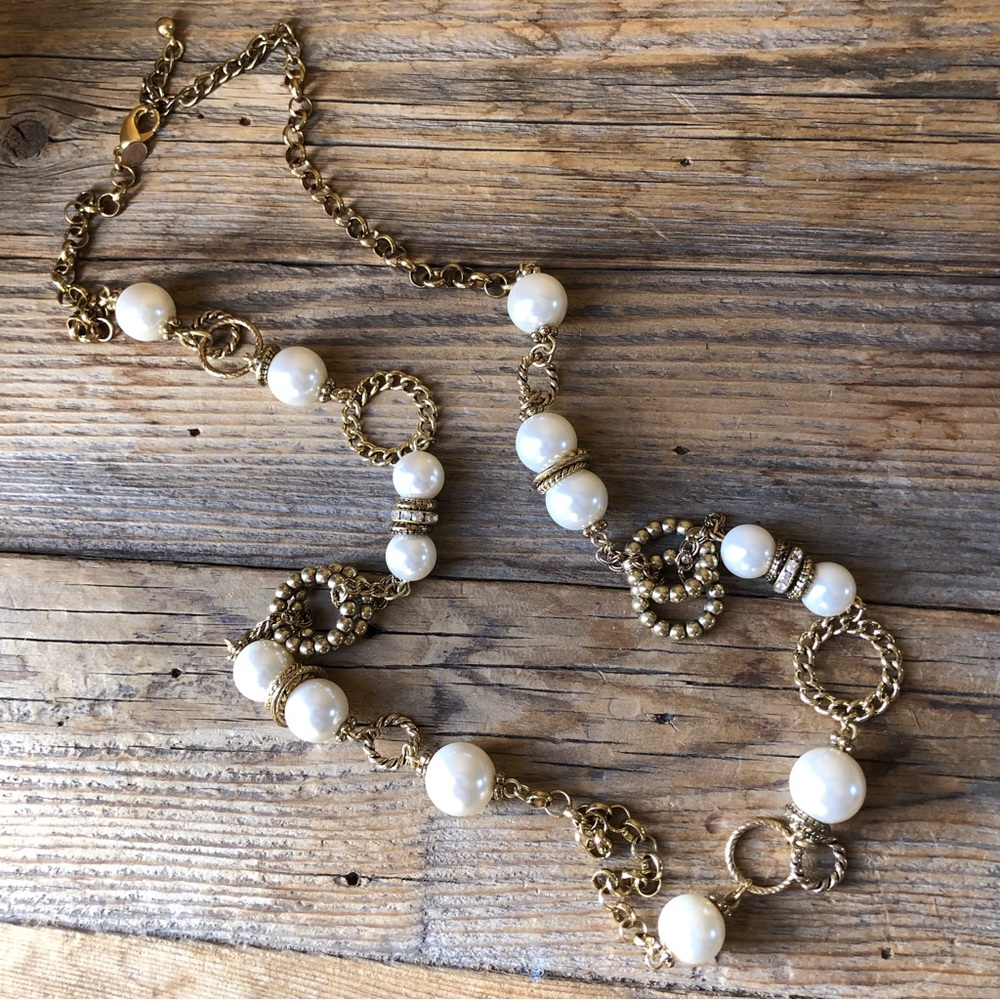 Chico’s long gold and faux pearl necklace